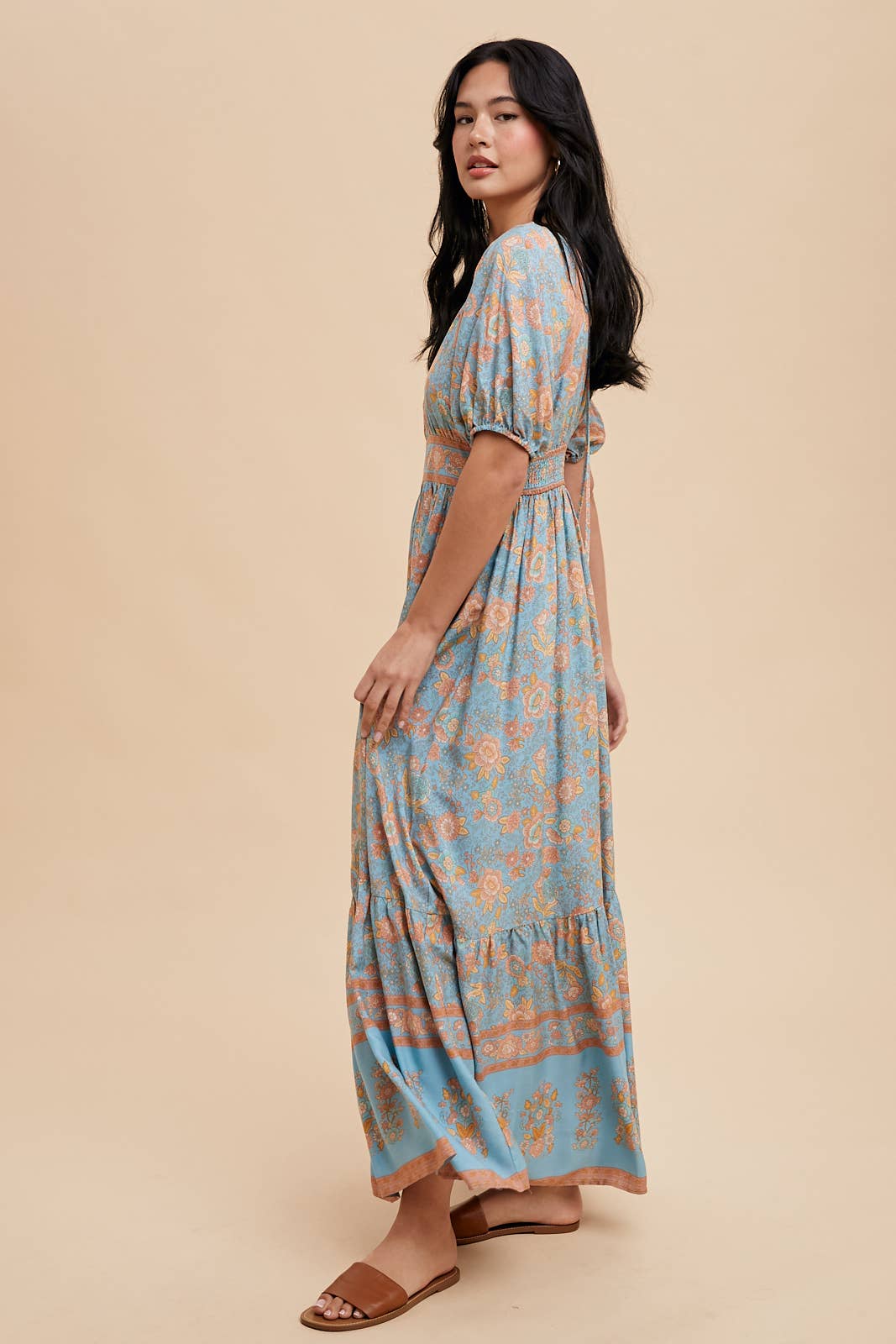 Dusty Blue Border Print Maxi Dress with Puff Sleeves
