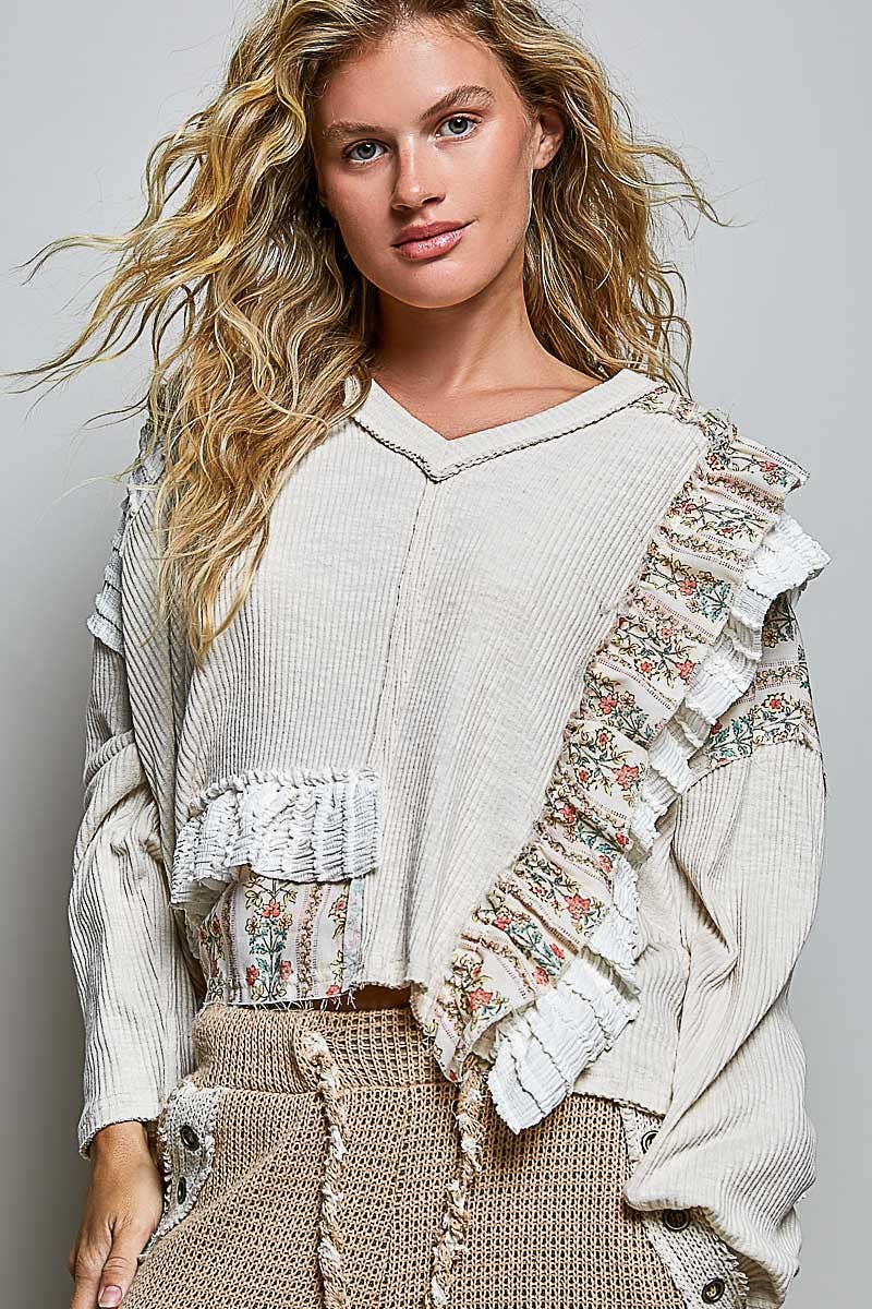Floral Ruffle Trim Textured Ribbed Long Sleeve Knit Top