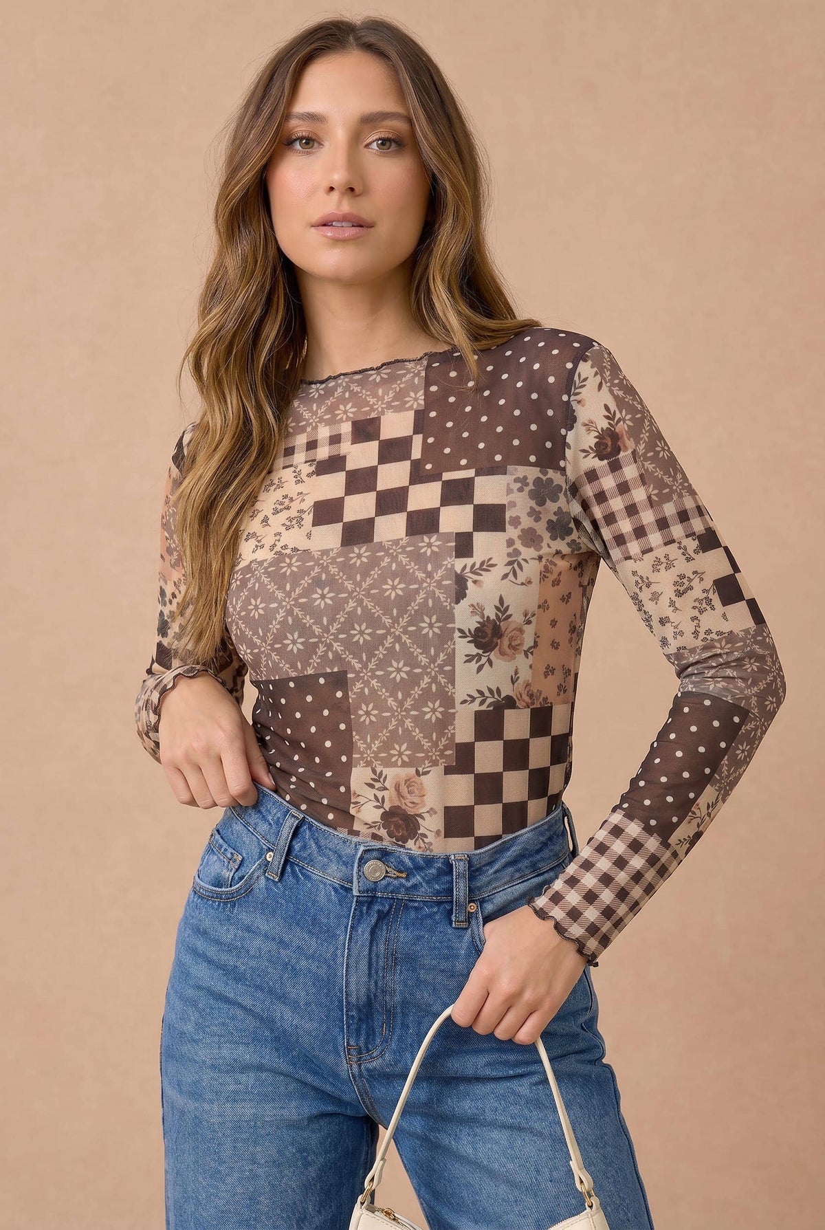 Plus Patchwork Mesh Semi Sheer Top