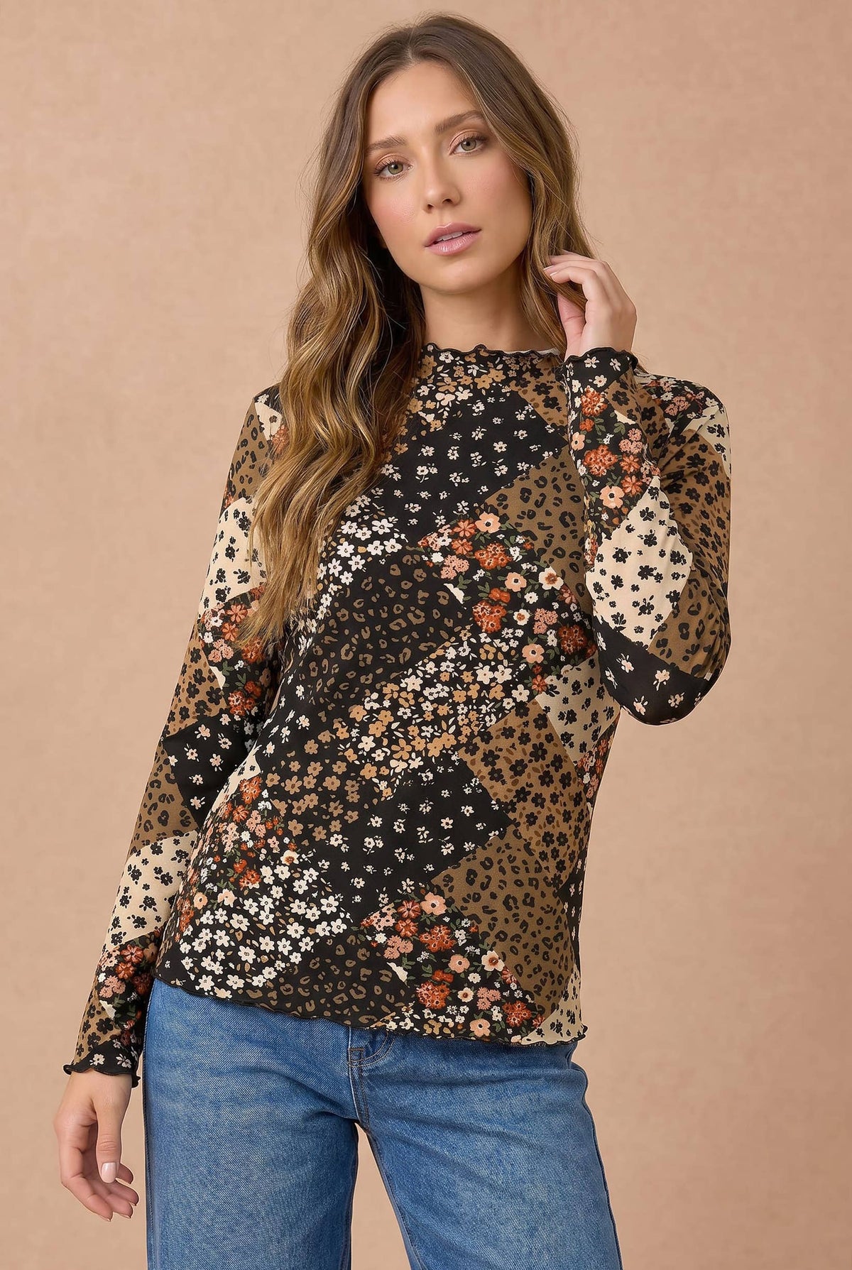 Floral Patchwork Mock Neck Frill Top