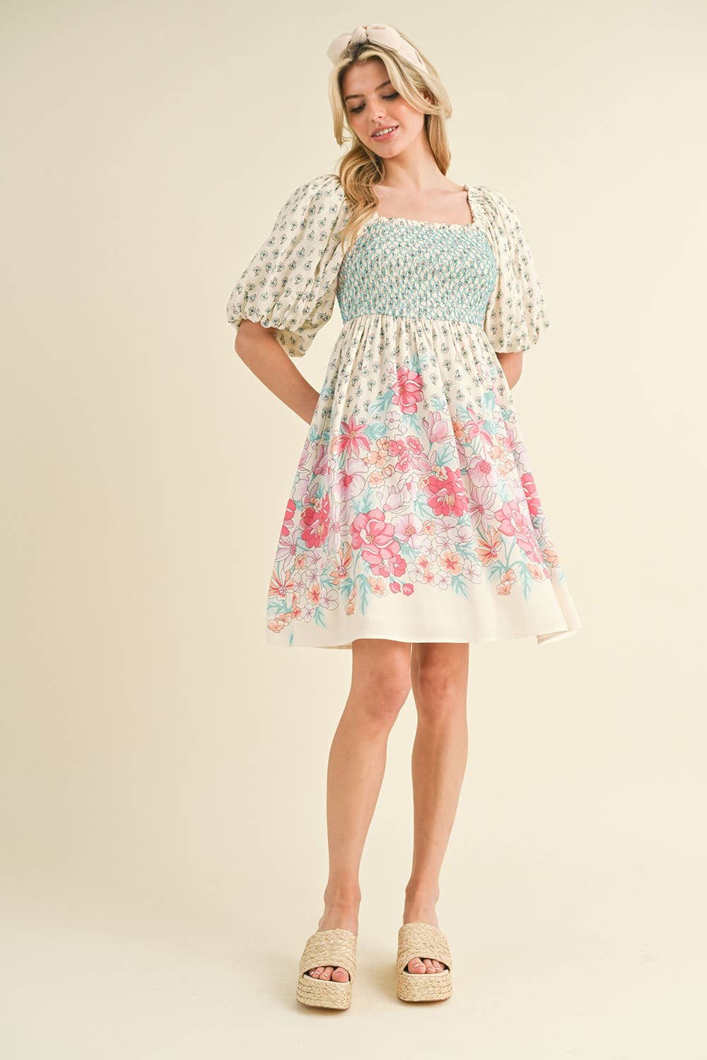Pink/Peach Floral Smocked Knee Length Dress with Puff Sleeves