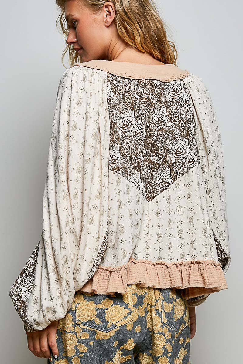 Beige/Peach Multi Color V Neck Balloon Sleeve Top