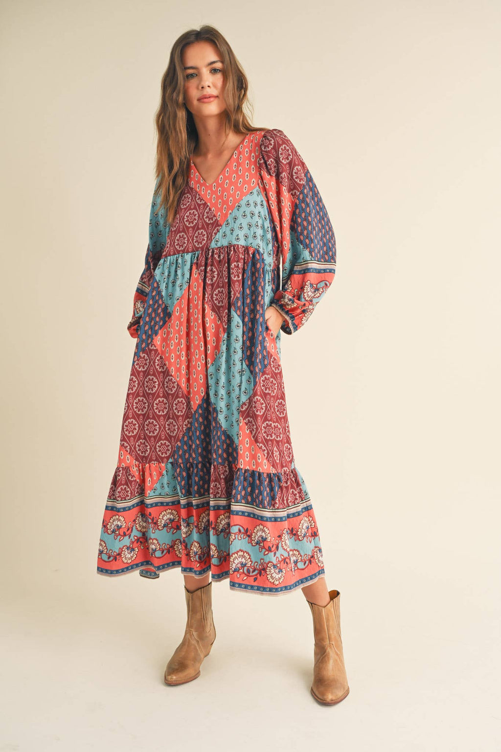 Rust Multi Color Printed Balloon Sleeve Mid Length Dress