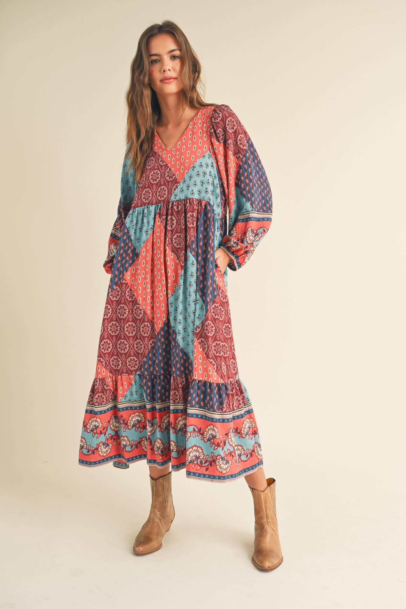 Rust Multi Color Printed Balloon Sleeve Mid Length Dress