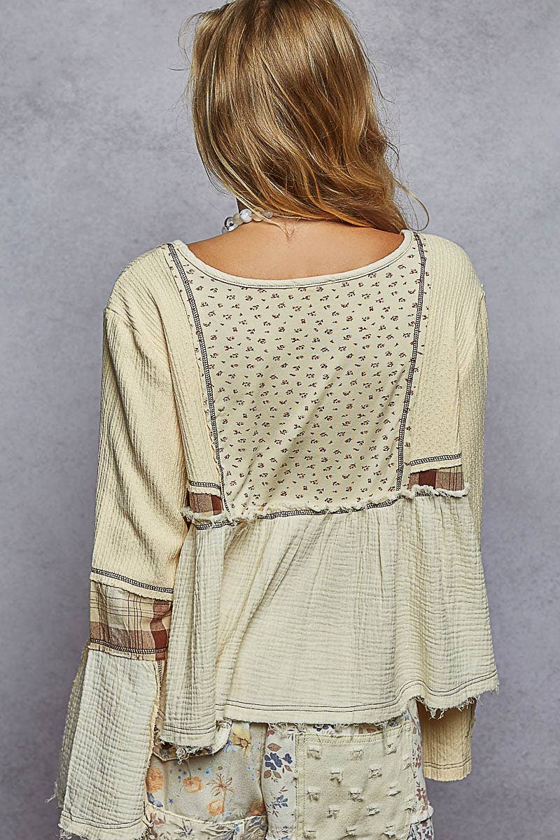 Cream Long Sleeve Plaid Contrast Double Gauze Woven Top