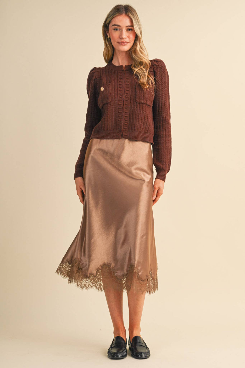 Espresso Satin Midi Slip Skirt with Lace Hem
