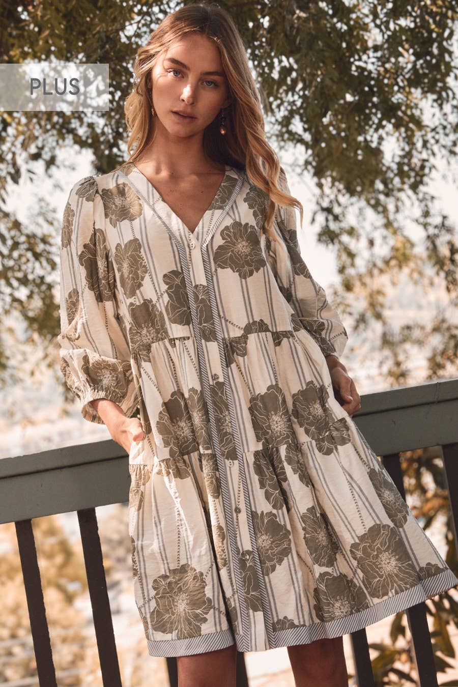 Plus Botanical Printed Pintuck Dress