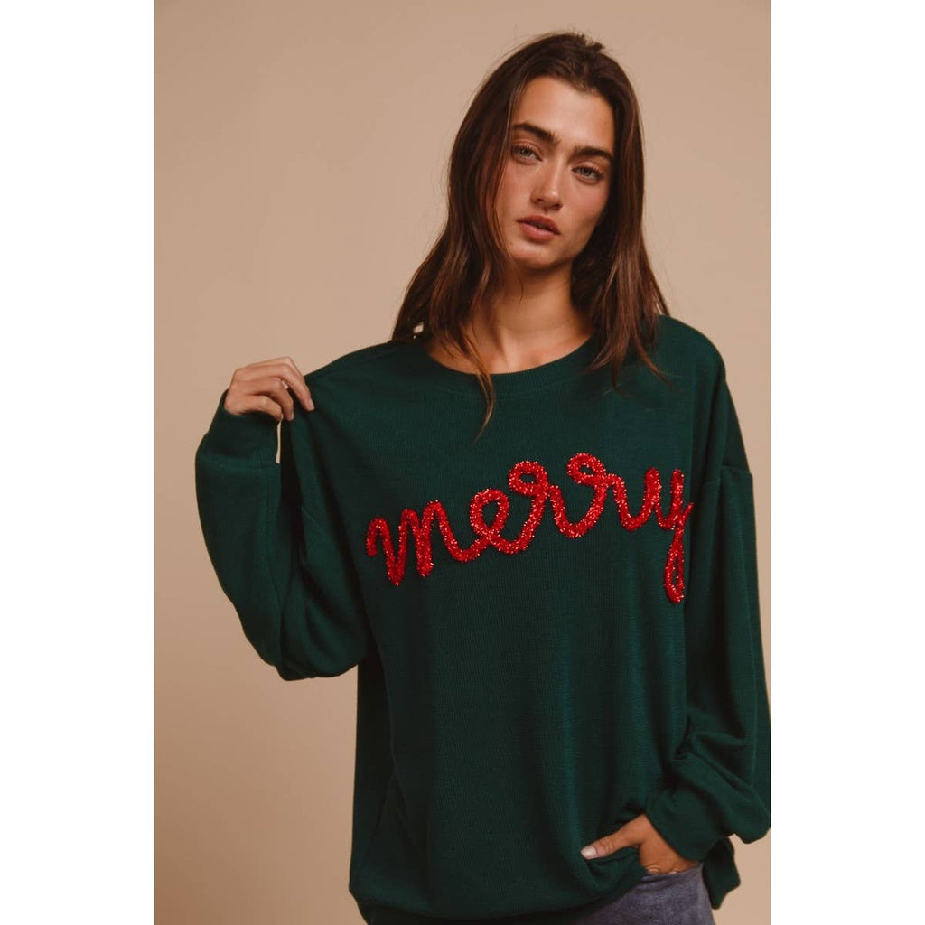 MERRY TINSEL LETTERING TWO TONE RIB PULLOVER
