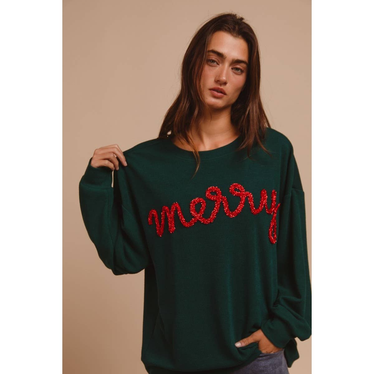 MERRY TINSEL LETTERING TWO TONE RIB PULLOVER