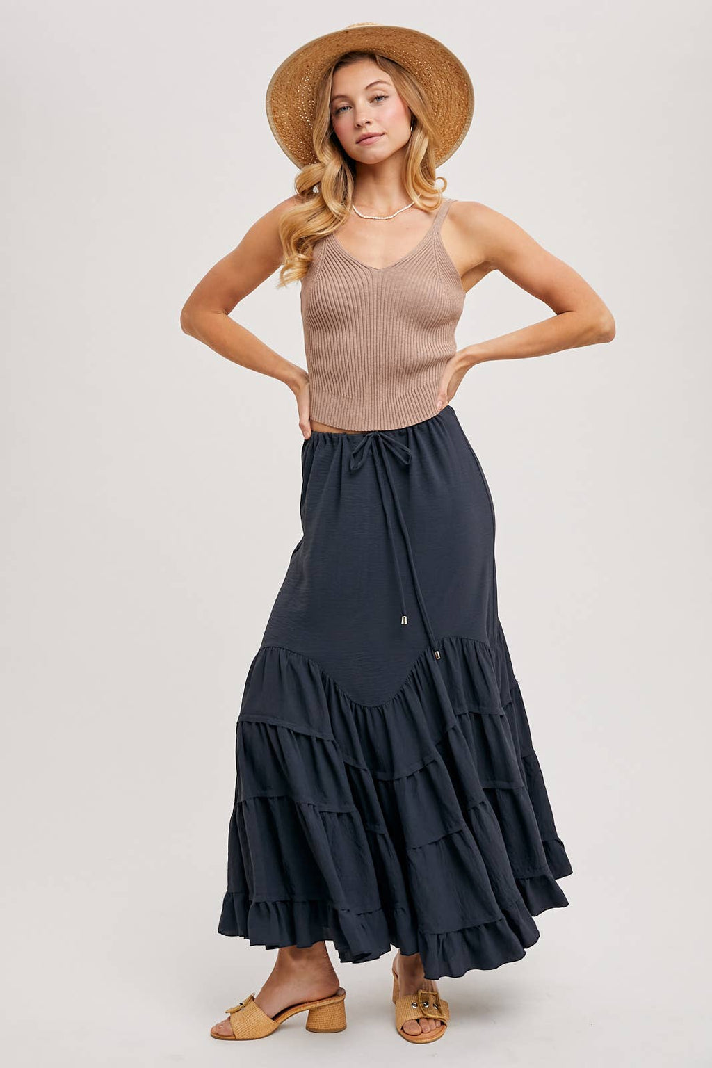 RUFFLED DRAWSTRING WASIT MAXI SKIRT WITH LINING