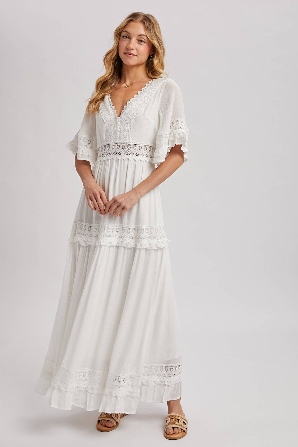 Lace V Neck Maxi Dress with Ruffle Sleeves (Olive & Ivory)