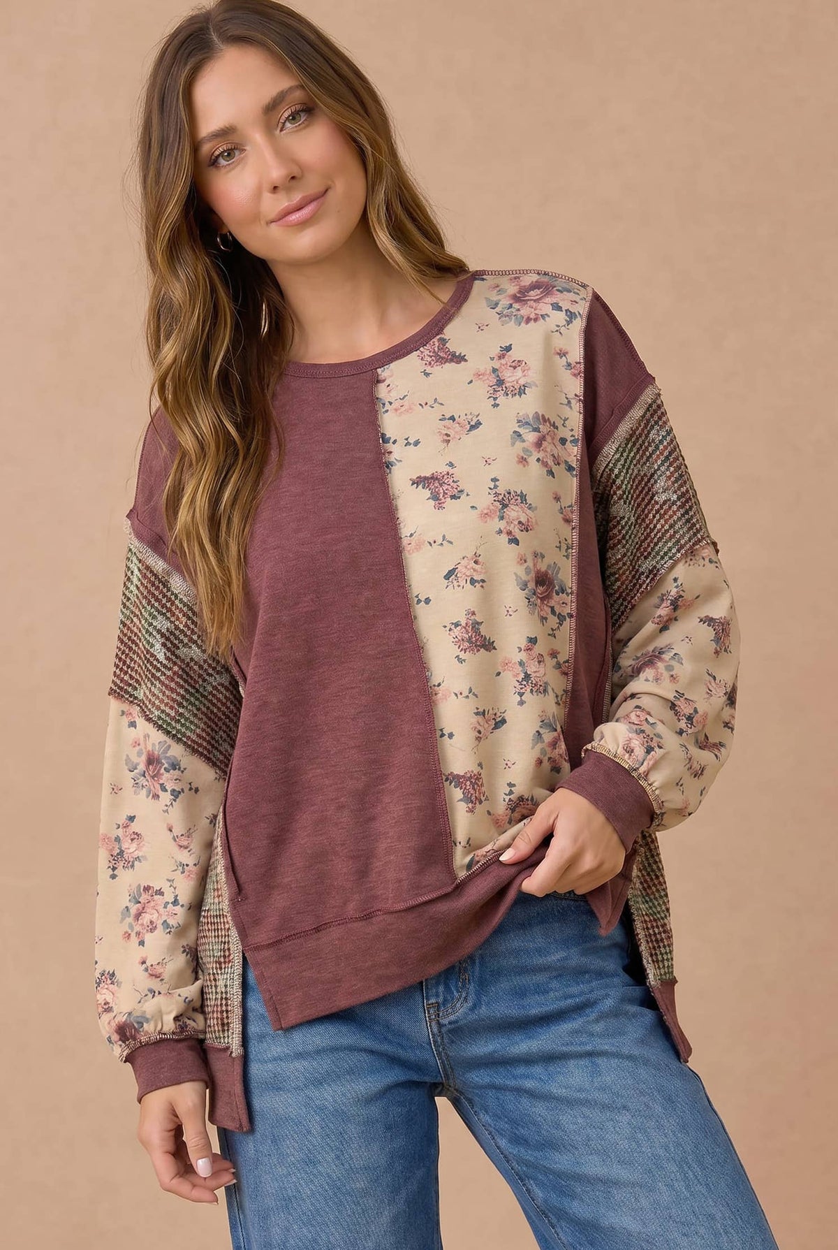 Plus Mixed Fabric Floral Waffle Knit Paneling Top