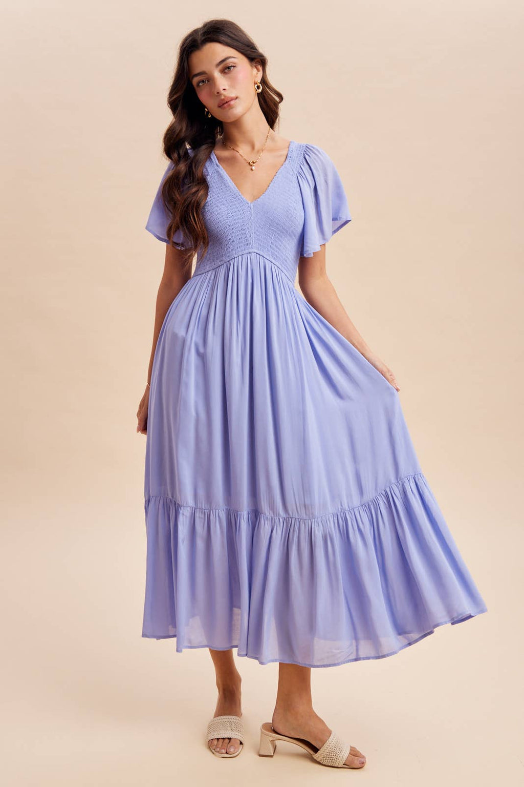 Blue Aura Modal Smocked Dress with Flowy Sleeves