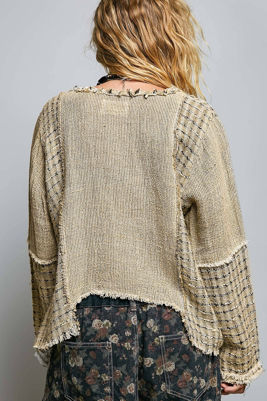 Taupe Hi Lo Cut Raw Hem Knit Top