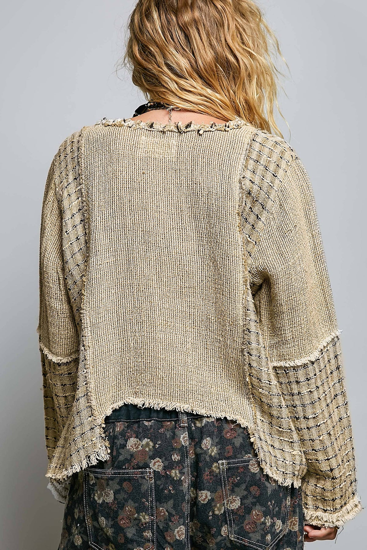 Taupe Hi Lo Cut Raw Hem Knit Top